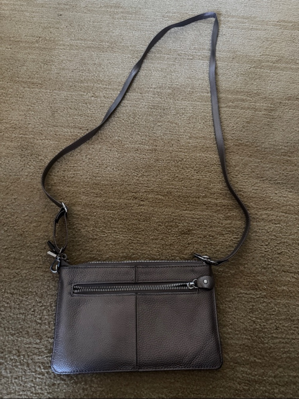 Crossbody Leather Sling Bag - metallic grey/brown